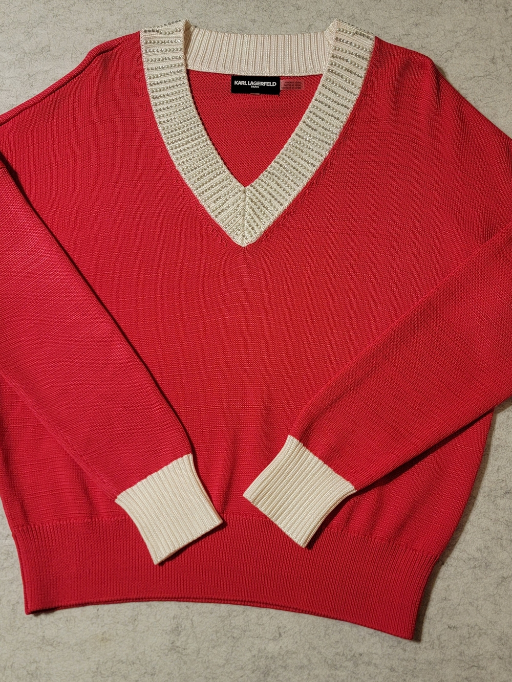 Karl Lagerfeld Paris Jolene Red Pearl Rhinestone Varsity V Neck Sweater Small